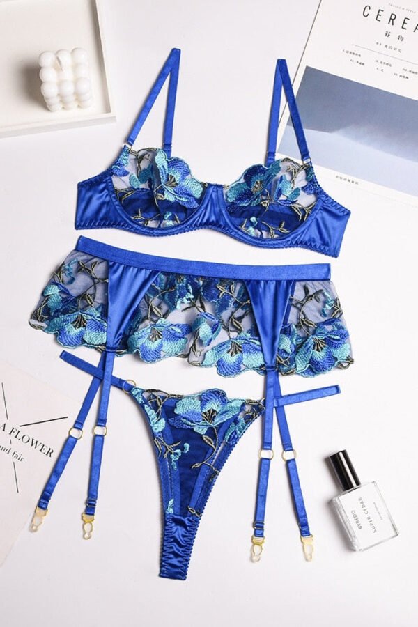 Embroidery Flower 3-Piece Lace Lingerie Set - Image 4